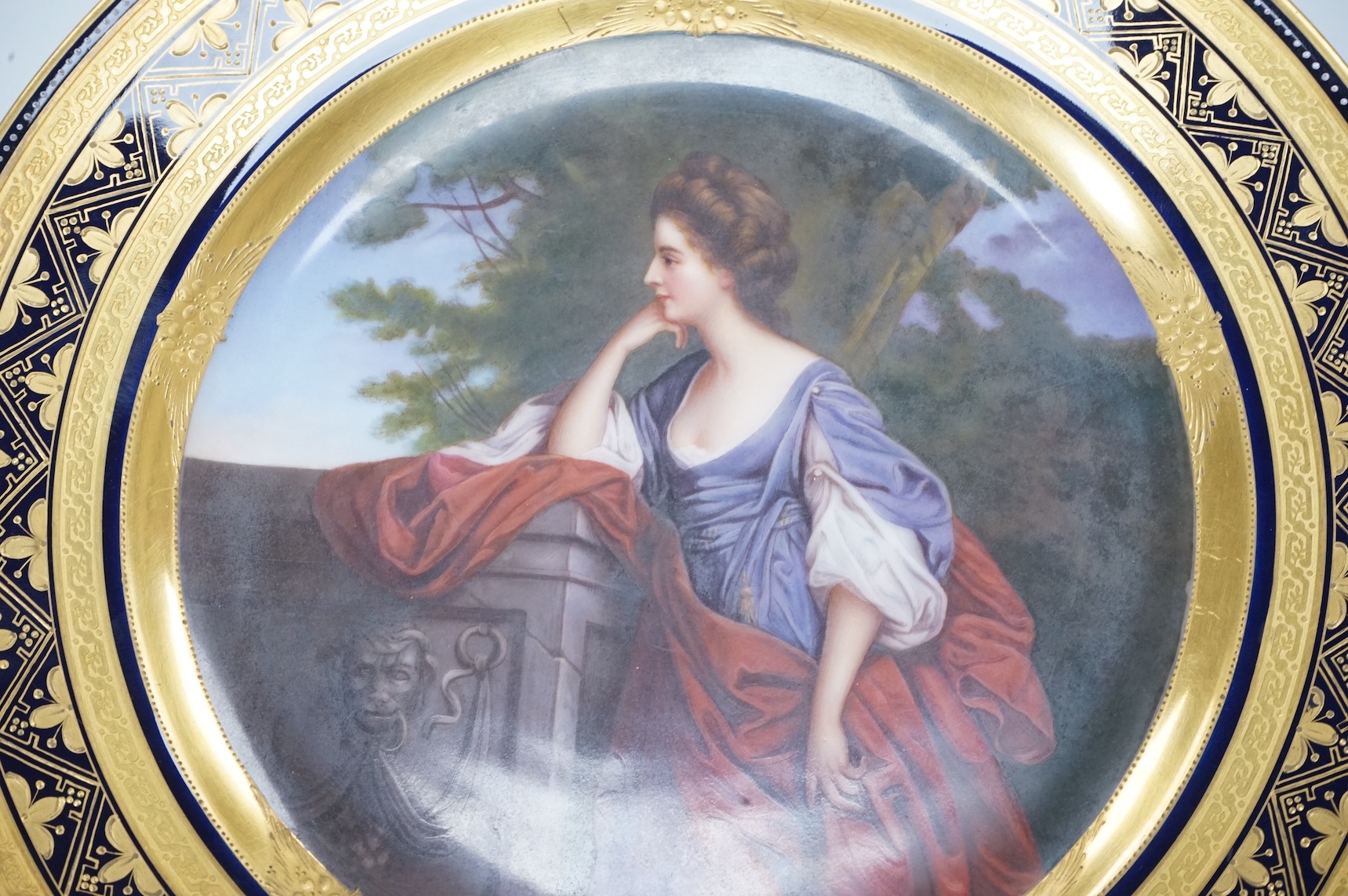 A Vienna style cabinet plate, c.1900, painted with Lady Frances Bridges after the portrait by James Watson, signed Dietrich, 24cm in diameter